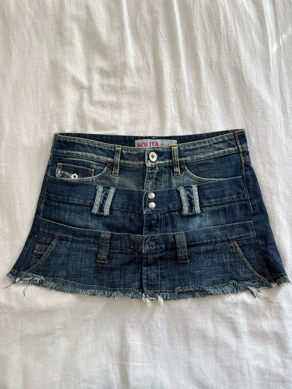 Dark Blue Denim Mini Skirt with Frayed Hem